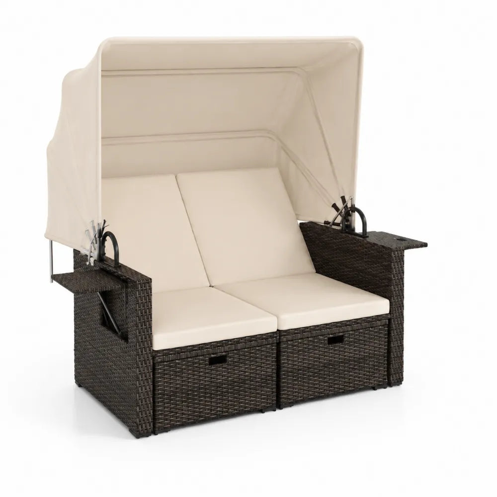 Gartenliege aus Polyethylen Rattan mit verstellbarem Dach, Dunkelbraun/Creme