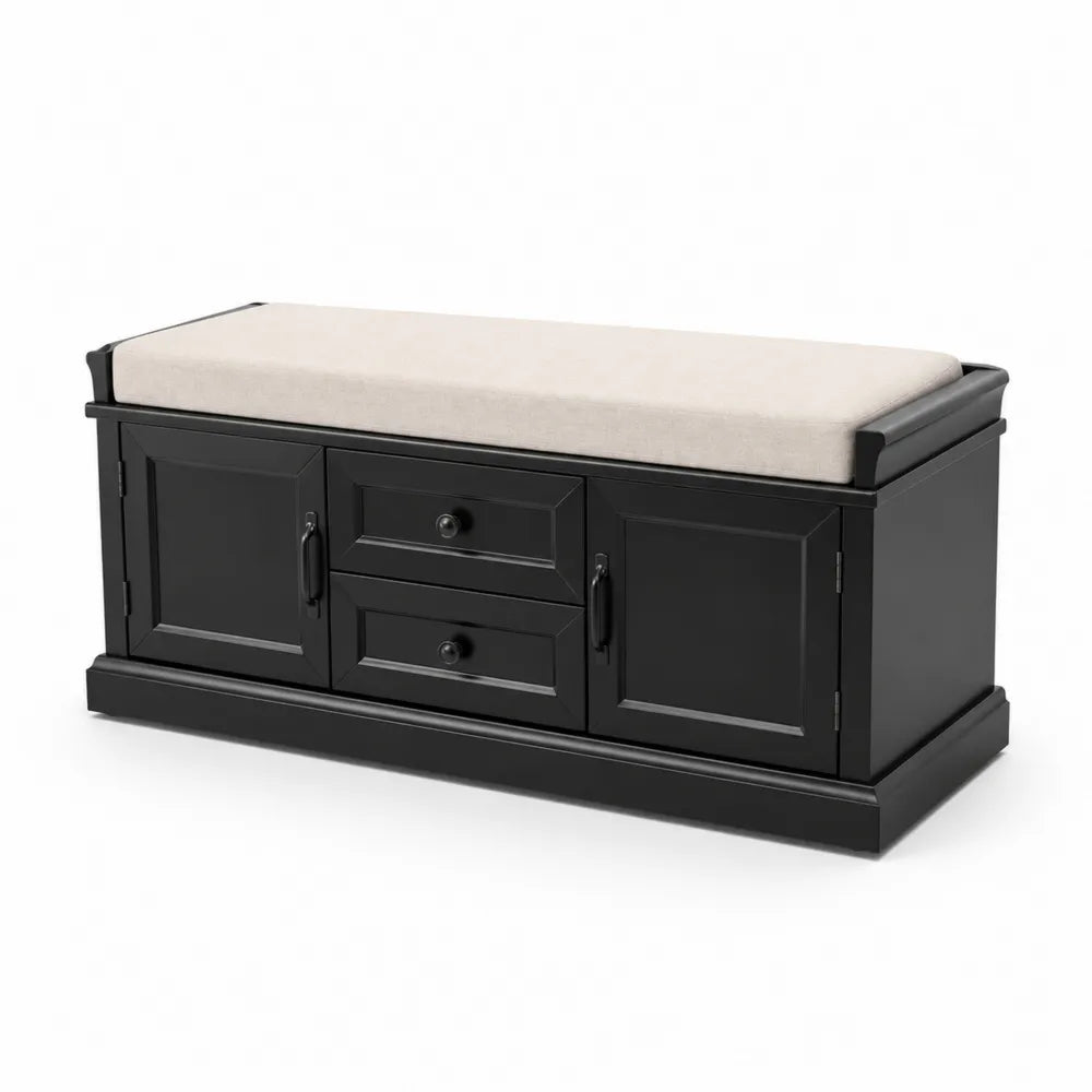Schwarze Bank mit Stauraum aus Holz und Stoffbezug