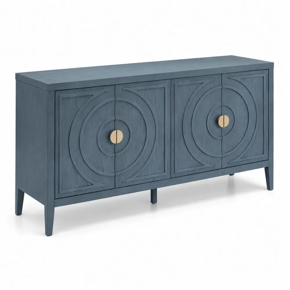 Sideboard Holz Blau mit Kreisdekor und Metallgriffen