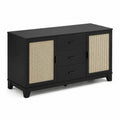 Holz Sideboard mit Rattan-Türen, Schwarz, 145x40x80 cm