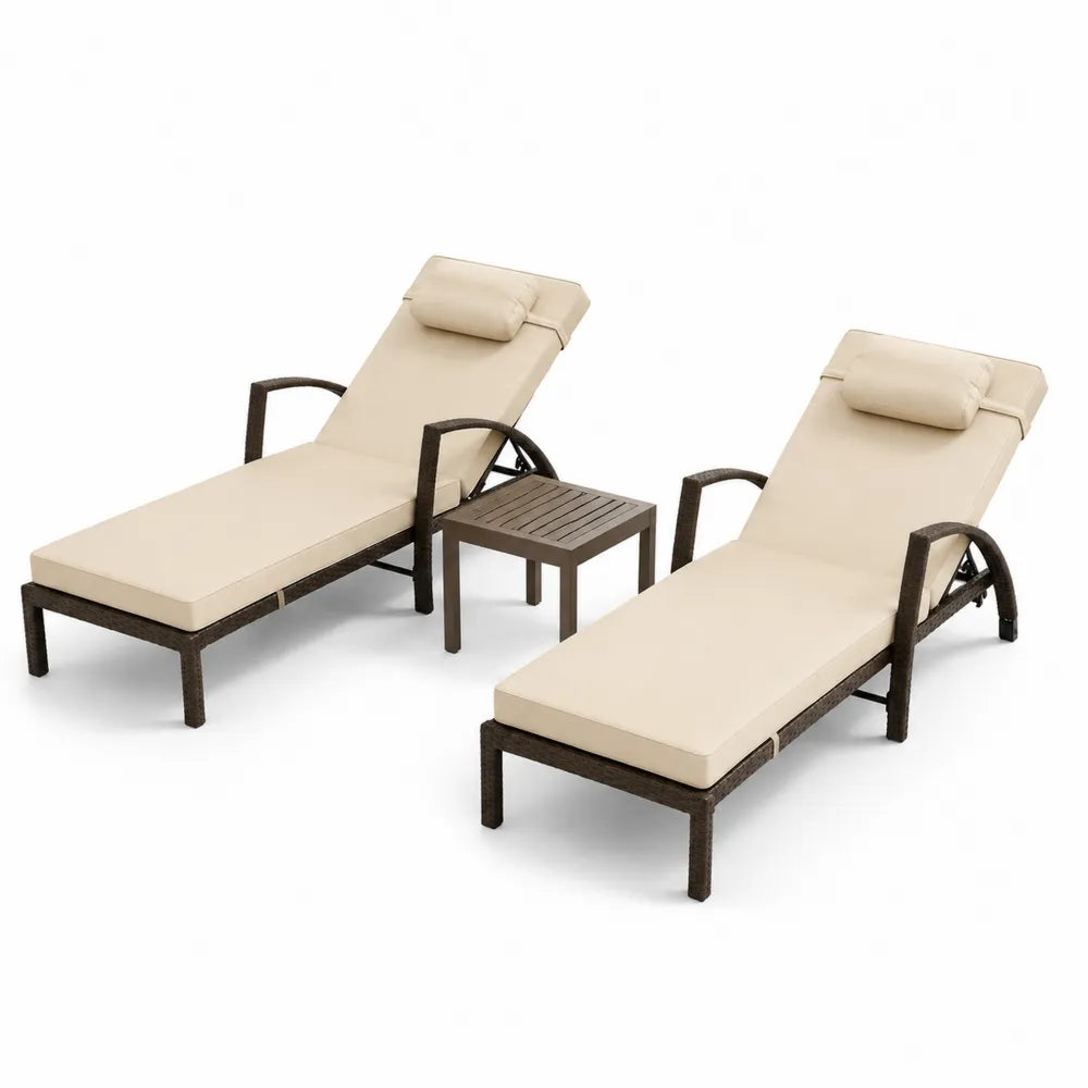 2er Set Sonnenliegen mit Tisch Braun Metall Polyester Verstellbar
